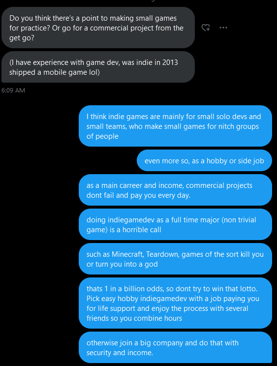 GameDevMicah's tweet photo. #indiegamedev #sologamedev #gamedev #daddev #advice from me!
Do #hobbydev with a group, and a dayjob until it pays you well enough.
Like anything (streaming, racing, lifting) that is a passion, keep the survival in check with a #dayjob so you can enjoy it.
GL HF be safe! https://t.co/UYXvEIUwYW