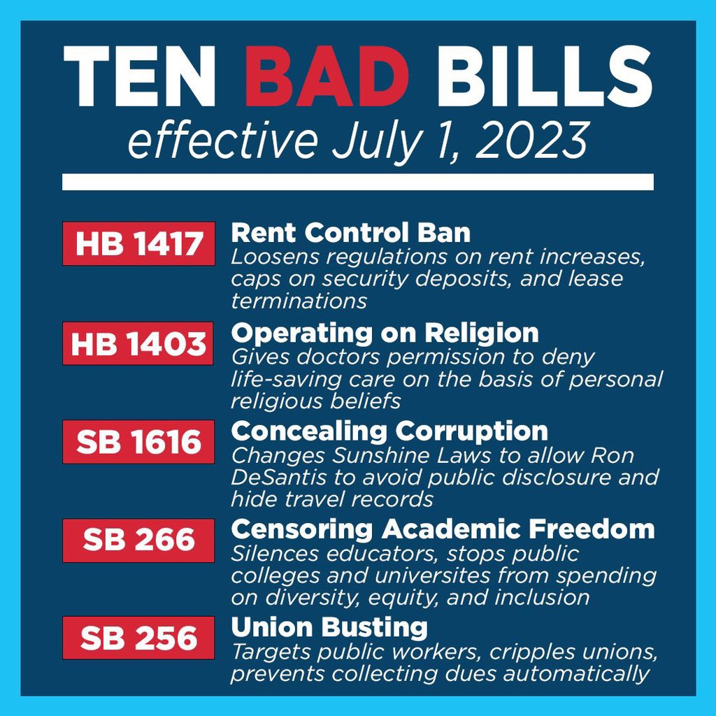 ShevrinJones's tweet photo. Florida enacted over 200 new laws yesterday. Are you familiar with them? Here's a glimpse into 10 noteworthy bills - their impact on Floridians is nothing short of damning. Stay informed. #FloridaLaws #NewLegislation 👆🏾💡 https://t.co/XfmfX9KeQE