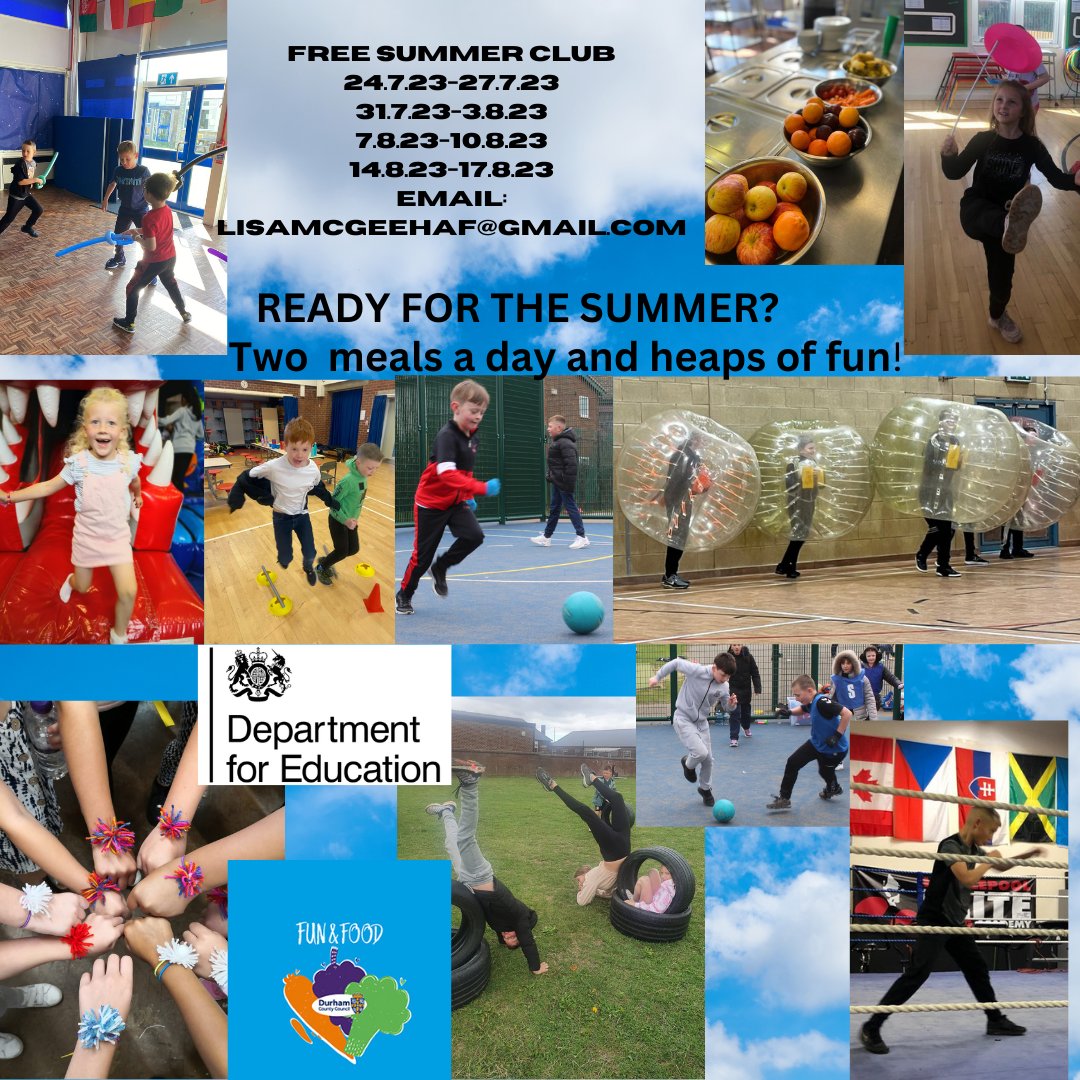 Free holiday clubs in #durham with bubble football, NERF wars, arts, sports and delicious hot meals . Places are nearly full.Follow the links to book now! #haf2023 
forms.gle/bMEzz2DzhtEfwb…
Dean Bank - forms.gle/nLegqM6Q7HRm3D…
Chilton - forms.gle/jVQR2yjAi7Juqk…