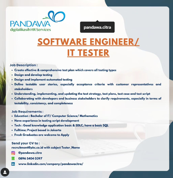 lokerit_01's tweet photo. Dibutuhkan segera Software Engineer/IT Tester
Silahkan kirimkan lamaran kalian pada email yg tertera
Share dan bagikan ke teman-teman kalian juga
#lokerit #lokerprogrammer #lokerdeveloper #lowongankerja #loker #loker2013 https://t.co/k02lCZ6itJ