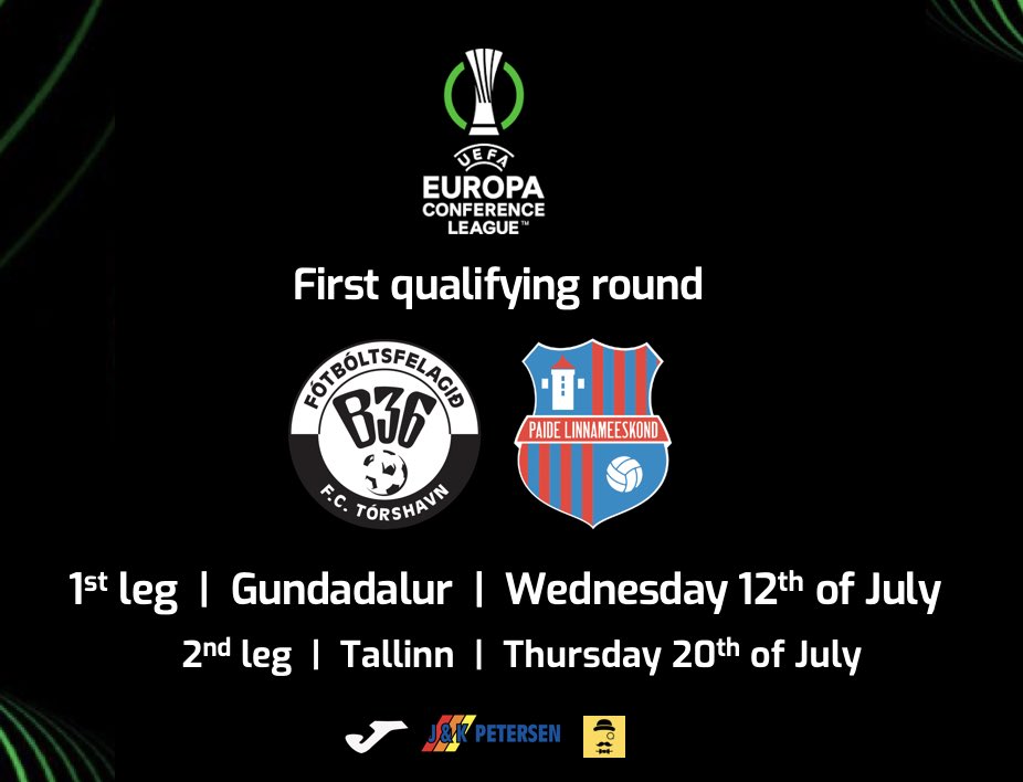 B36's tweet photo. 🔜 our 2023 european matches 🇫🇴⚽️
1st leg at home in Gundadalur , Tórshavn, on the 12th of July vs @PLinnameeskond 🇪🇪
2nd leg away in Tallinn on the 20th of July
More info as we get closer 

#viteruB36 🤍🖤 @AndyRobsonTips 🟡
#soccer #football #futbol #UEFA #faroeislands https://t.co/vi4RGXLMIi