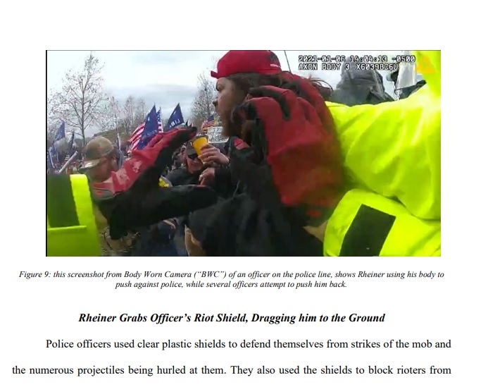 MacFarlaneNews's tweet photo. Justice Dept to seek 21-months prison for Jan 6 defendant Narayana Rheiner, arguing "Rheiner grabbed a police officer’s riot shield &amp; attempted to pull it out of the officer’s hands. Rheiner and the officer struggled for control of the shield until Rheiner pulled the shield away" https://t.co/cfedMXRgO2