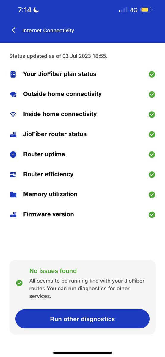 nitinbardia's tweet photo. @JioCare My Internet speed is 40Kbps in the gold fiber connection package. On top of that the jio app is saying no error found 😀😀😀🤣🤣🤣 https://t.co/7sPMtk1hX3 https://t.co/Z5H7WTd130