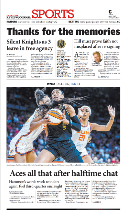 SondraCosgrove's tweet photo. How many other cities have 2 local national champions on the front page of the sports section every day? @reviewjournal @LVAces #WomensSports #MediaEquity #ALLINLV @VoteNevada21 #SummerCivics https://t.co/zLwrzIemS6