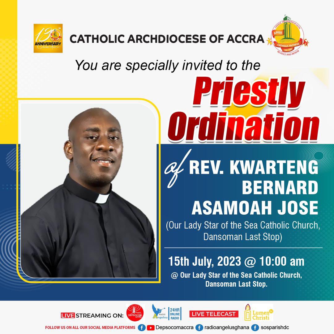 Let’s continue to pray for Rev. Kwarteng Bernard Asamoah Jose as he prepares for his Priestly Ordination on the 15th of July 2023 at Our Lady Star of the Sea Parish, Dansoman