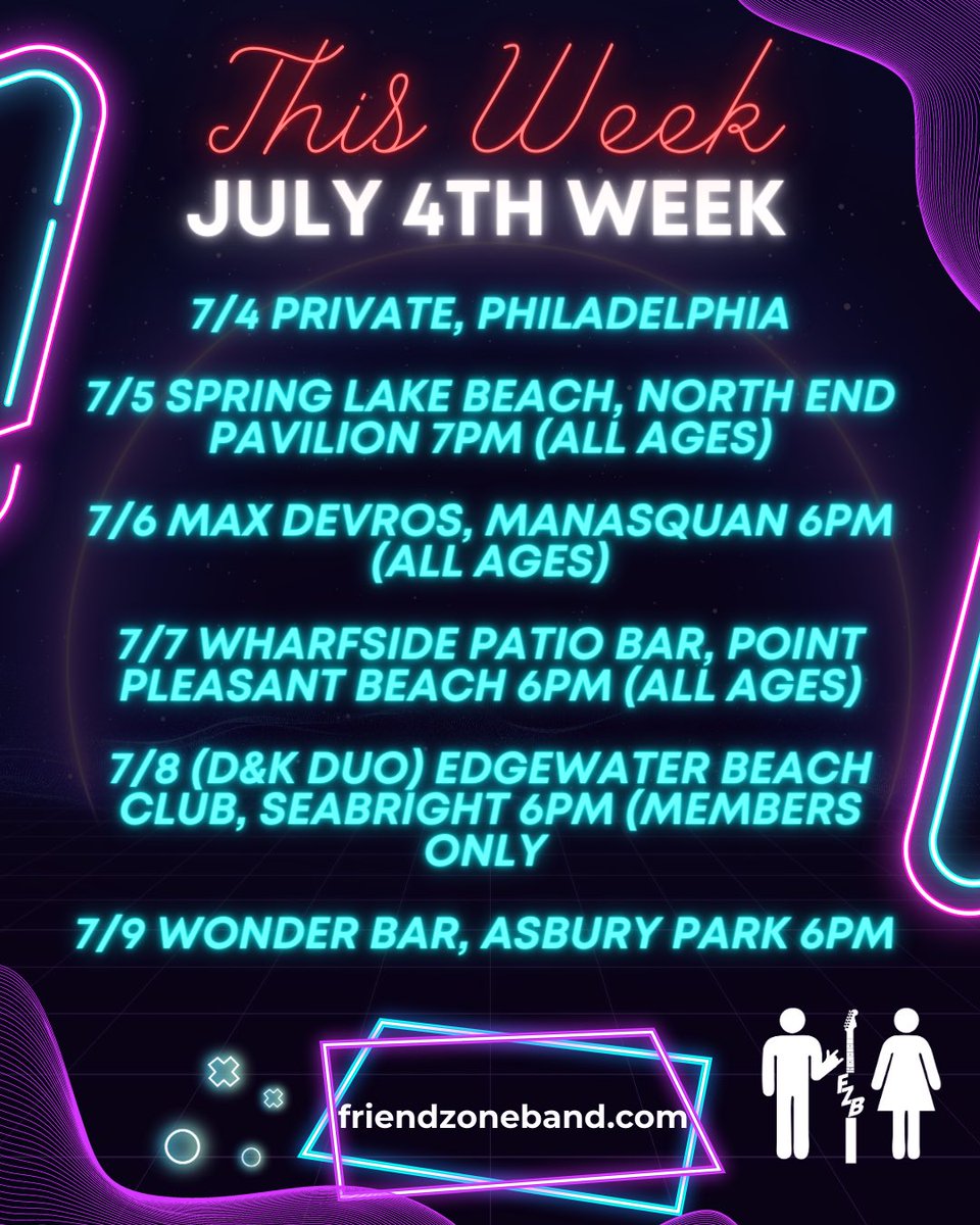 FriendZoneNJ's tweet photo. Friend Zone Schedule for July 4th week! #weddingband #partyband #livemusic #july4th https://t.co/gzQkLFx1im