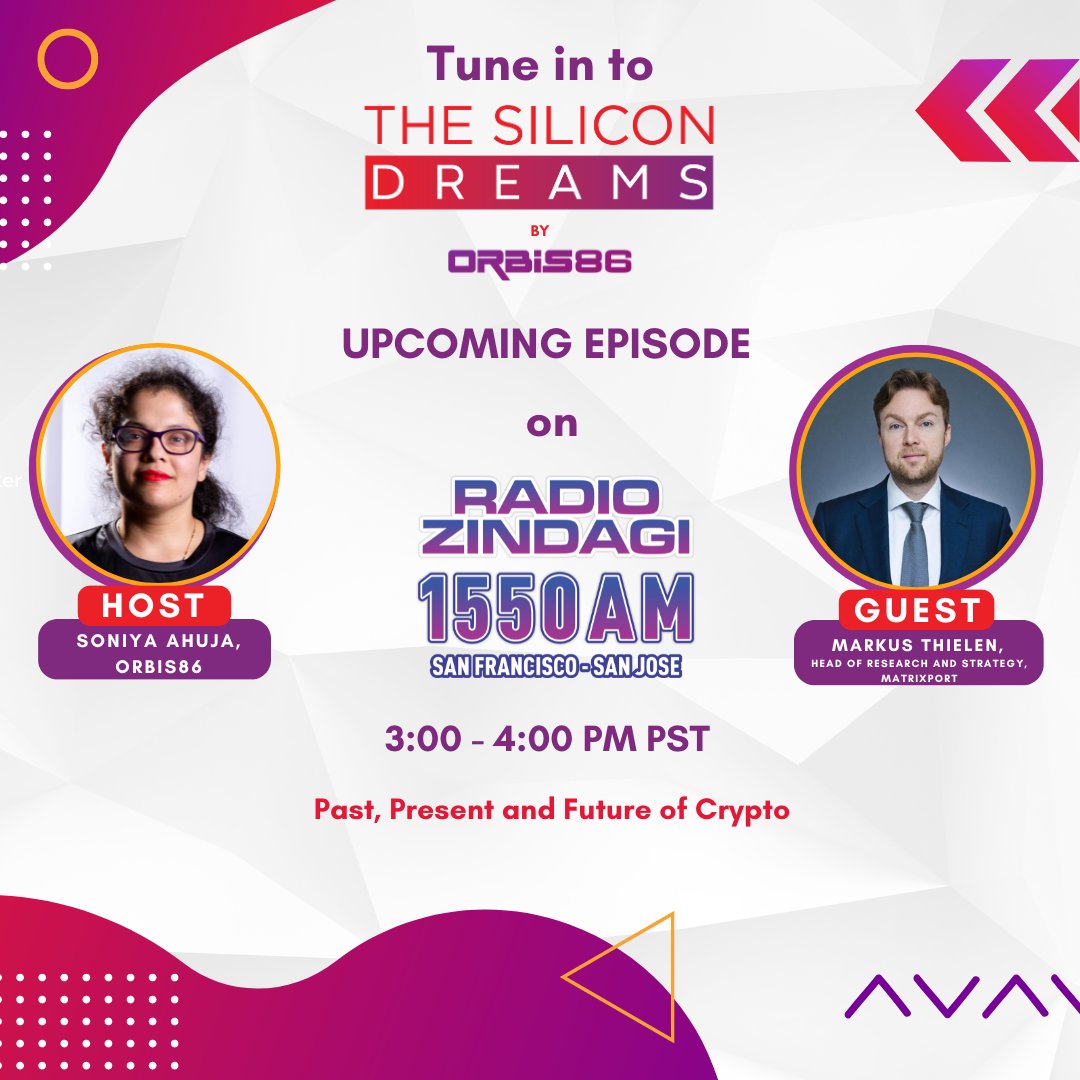 🎙️ Tune in to #TheSiliconDreams on #RadioZindagi 1550 AM, San Francisco-San Jose! 🕒 Join us from 3:00-4:00 PM PST as we explore the intriguing topic: The Past, Present & Future of Crypto!

⭐️ Our Guest: @DeFiOnTarget, Head of Research & Strategy / Crypto @realMatrixport.

👉…