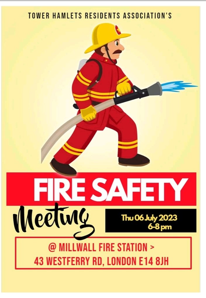 Borough-wide meeting between Tower Hamlets Tenants and Residents Associations and the LFB hosted by the London Fire Brigade Borough Commander Thursday 6 July at Millwall Fire Station, 6-8pm. Pls pass on to tenants associations and forums active in LBTH.