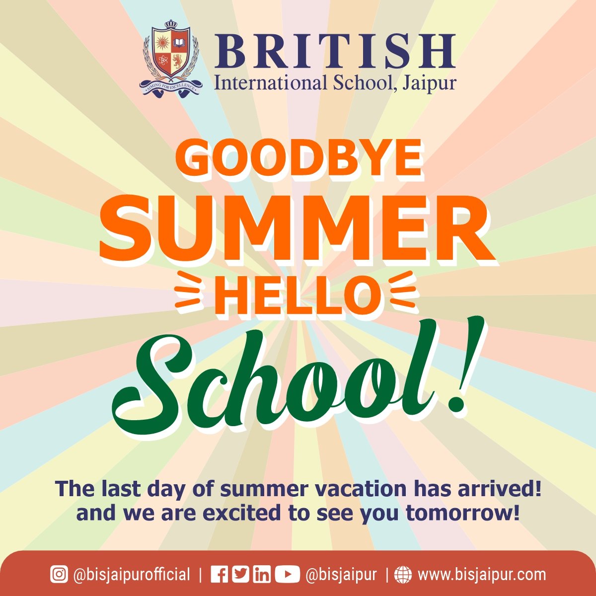 We are thrilled to reopen the school  tomorrow after the refreshing summer break! 🌞🎒
#bisjaipur #britishinternationalschool #bisjaipurofficial #bisjaipurcampus #WelcomeBack #NewAdventuresAwait #backtoschool #children #bestschool #education #topschools #bestschoolinjaipur #CBSE