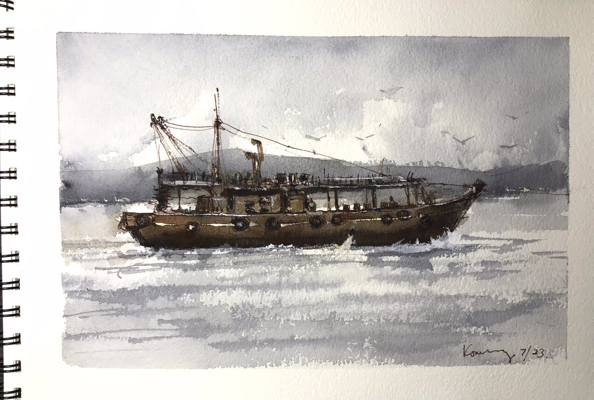 kong46's tweet photo. "Immersed in the vibrant essence of Kota Kinabalu waterfront, I captured the timeless charm of a fishing boat with delicate watercolor and pen strokes on my beloved sketchbook."
#penandwash #watercolorsketch https://t.co/XDcYZTcS4J