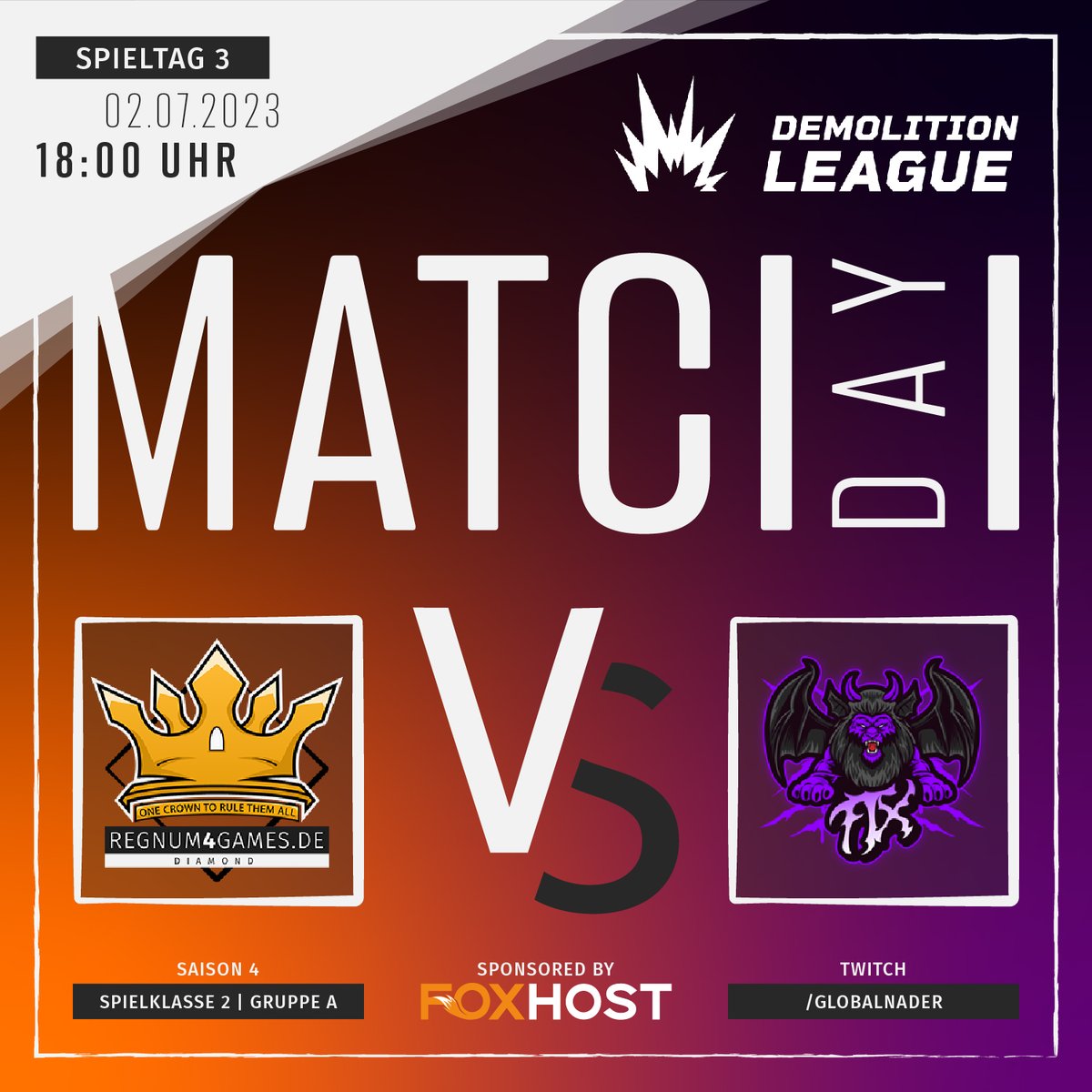 Heute Abend geht es für unser #TeamDiamond in der <a href="/Demo_League/">Demolition League</a> am dritten Spieltag gegen die Spieler:innen von <a href="/Fentex_eSports/">Fentex eSports</a> Main! Gecastet wird das Ganze von <a href="/GlobalNader/">Die Global Nader</a> aka. PillePilsen auf Twitch!

Schaut rein und feuert an: twitch.tv/globalnader 
#onecrowntorulethemall