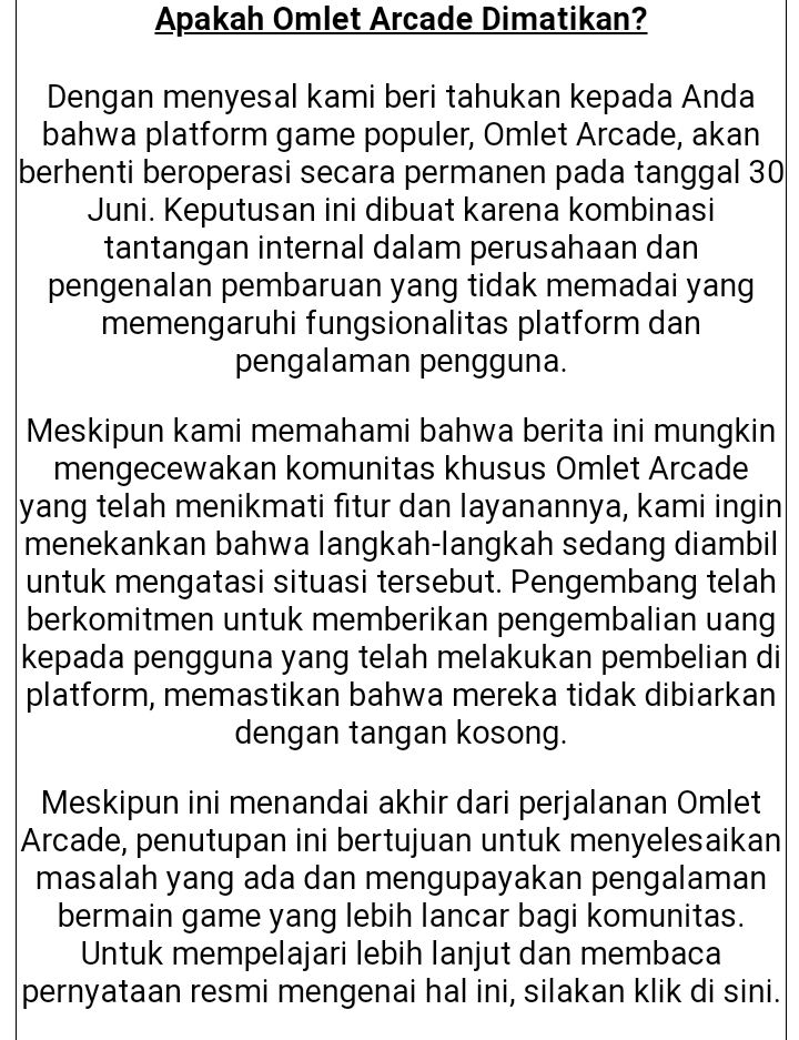 mcsejatiteam's tweet photo. 30 Juni 2023, Platform streaming mobile kesayangan Minecrafter yaitu Omlet Arcade secara resmi berhenti beroperasional. Hal ini membuat komunitas Minecraft sedih dan kecewa

#Minecraft #MinecraftIndonesia #mcsejati https://t.co/o42ehuMqNL