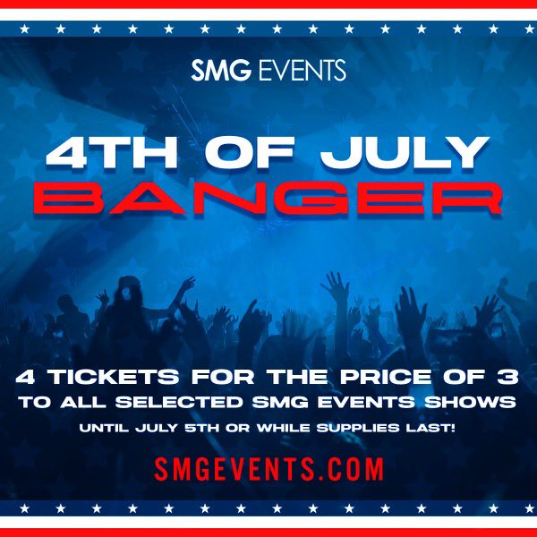 SMGEVENTS's tweet photo. 🚨[LIMITED TIME OFFER]🚨•

Gather your crew and join in on the savings on select El Paso and Lubbock shows! 🏷️•

4x3 Ticket Special going til July 5th or while supplies last! ⏳ Exclusively via https://t.co/WvTHVARrCy https://t.co/2Saya94Lga