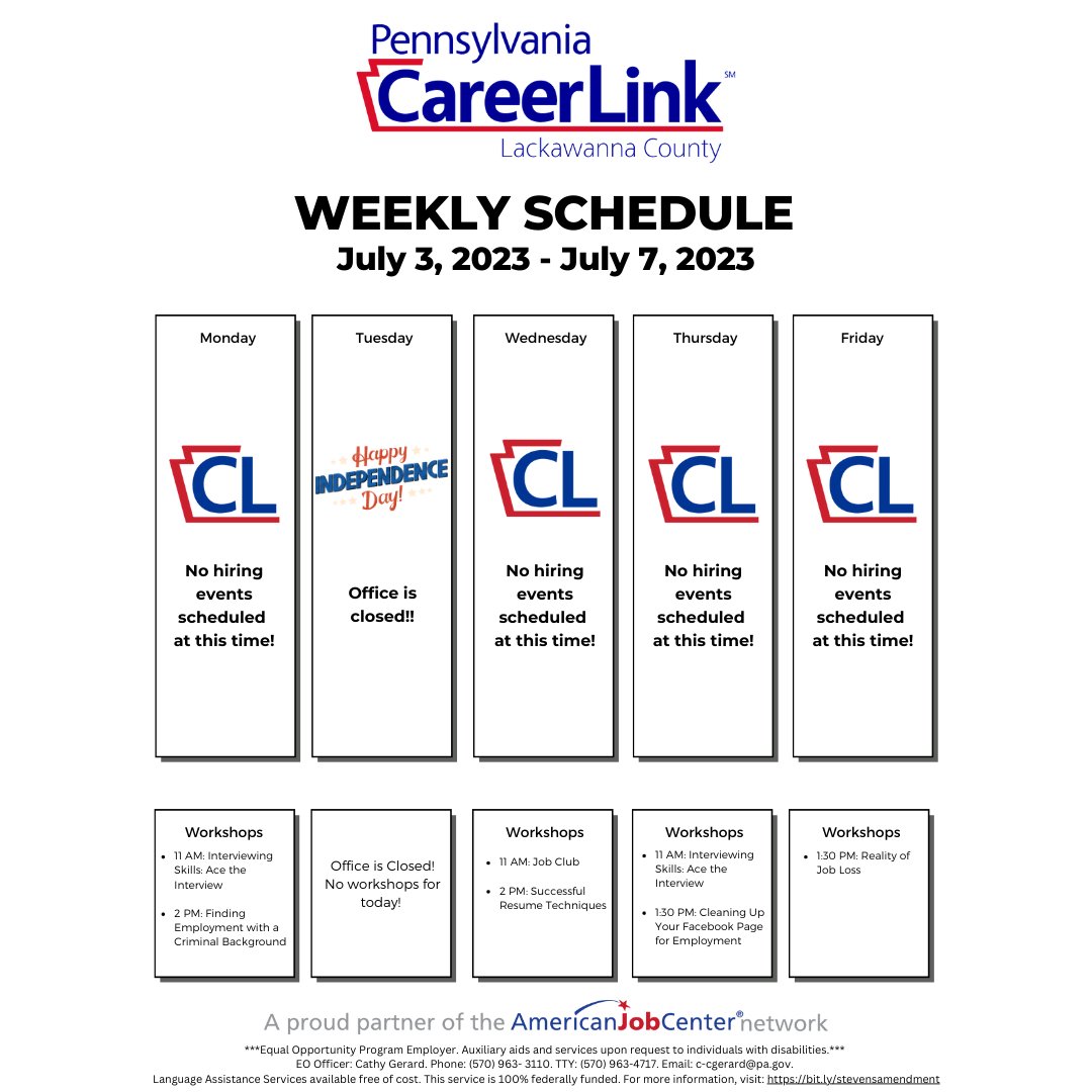Check out what’s going on this week at PA CareerLink® Lackawanna County!
🗓 Mark your calendar and stop by to start your new career!
📍 135 Franklin Ave, Scranton, PA 18503