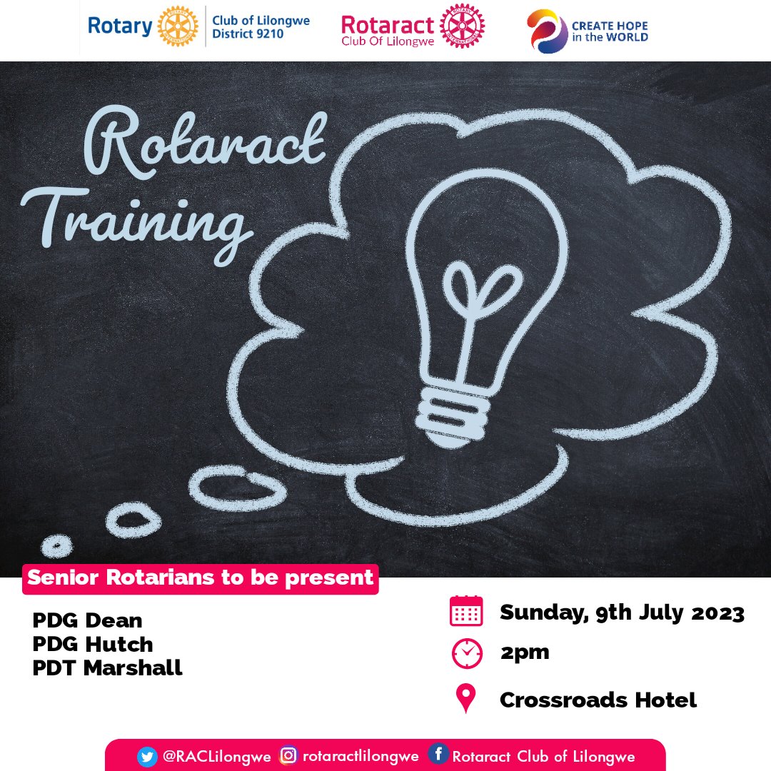 RACLilongwe's tweet photo. Excited for our Rotaract training on the 9th of July, empowering young leaders to make a positive impact in their communities! ๐๐ Lets go!!! #RotaractTraining #EmpoweringYouth #CommunityLeaders https://t.co/JxLY9ThHyT