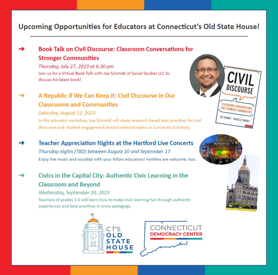 CTKidGovernor's tweet photo. Have you heard? Throughout the summer and fall, the @CTDemocracyCtr, in residence at @CTOldStateHouse, is offering many wonderful opportunities for educators! Sign up to receive more information at https://t.co/0SC22sKv3m

#K5SocialStudies #TeacherLife #ElementarySchool #Civics https://t.co/6X1GzFgLLn
