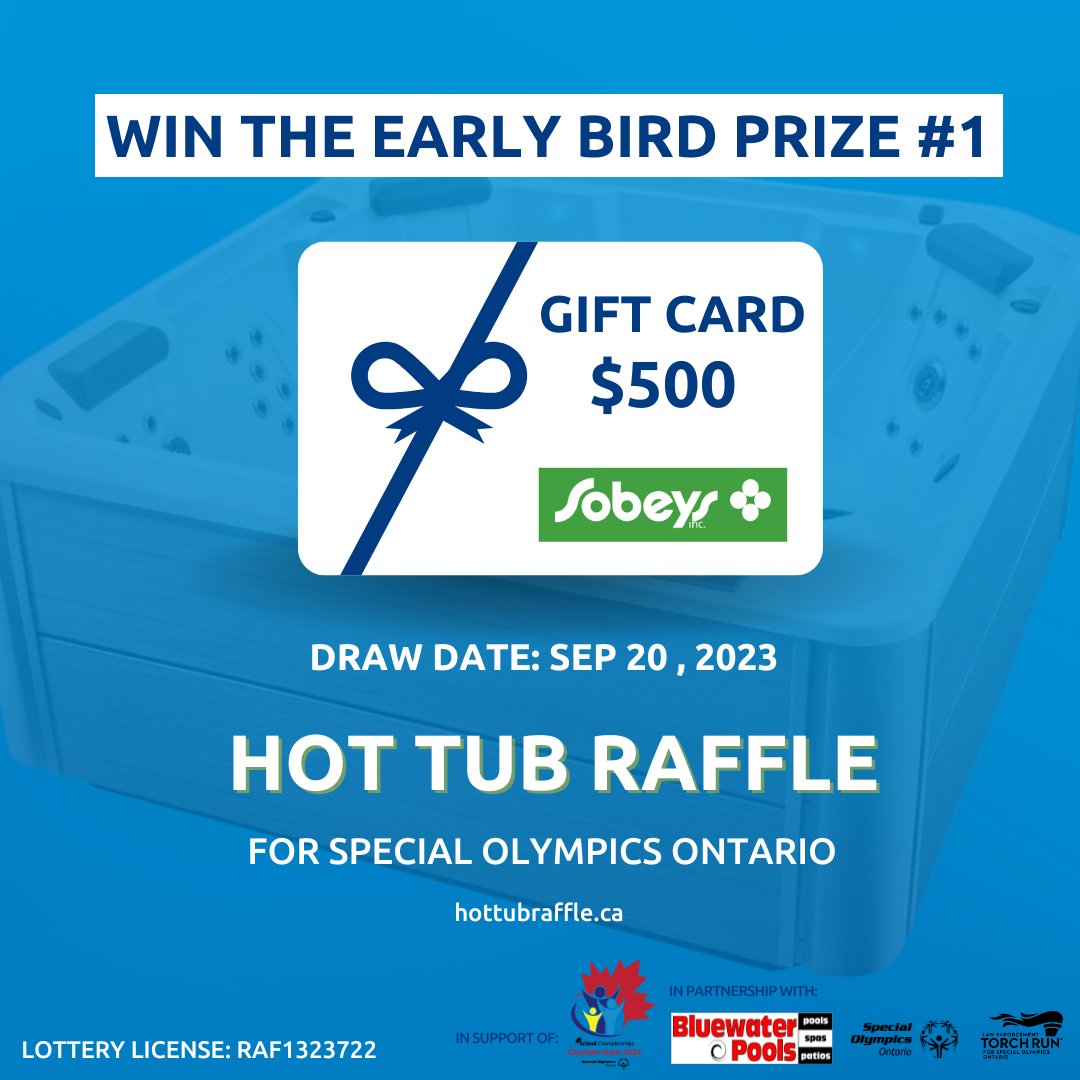 Introducing the first Hot Tub Raffle Early Bird Prize! Enter the Special Olympics Hot Tub Raffle for a chance to win a $500 Sobey's gift card plus the 6-person Hot Tub grand prize! Your contribution helps support Special Olympics athletes. Enter now at ow.ly/nvfm50OOGrH!