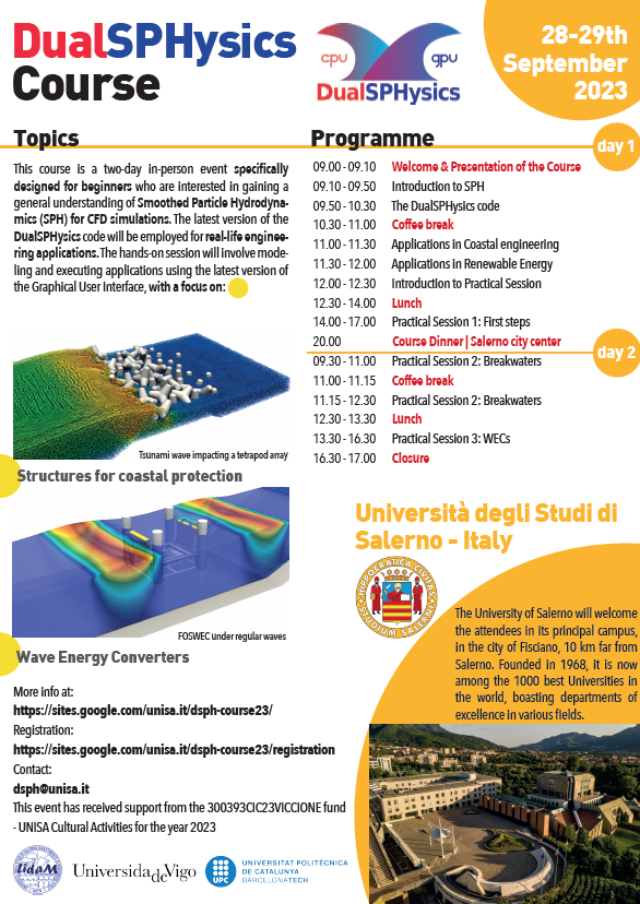 DualSPHysics's tweet photo. 📢 Next event to learn how to use DualSPHysics_v5.2 will take place in Salerno (Italy) next 28-29 September 2023: "Course on SPH modelling of wave energy converters and structures for coastal protection"
@spheric_ @spheric2023 @EPHYSLAB_Uvigo @UniSalerno https://t.co/bsOydwUUeK