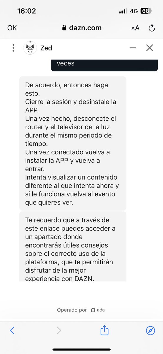 asdfgeando's tweet photo. @DAZN_ES_Help muy útil vuestra ayuda (nótese la ironía) sin solucionar un problema, el asistente de atención al cliente te copia un fragmento de la web y se desconecta. Increíble que la plataforma más cara actualmente se quede colgada cada 5 vueltas en una carrera de F1. https://t.co/tvz0Mwkny4