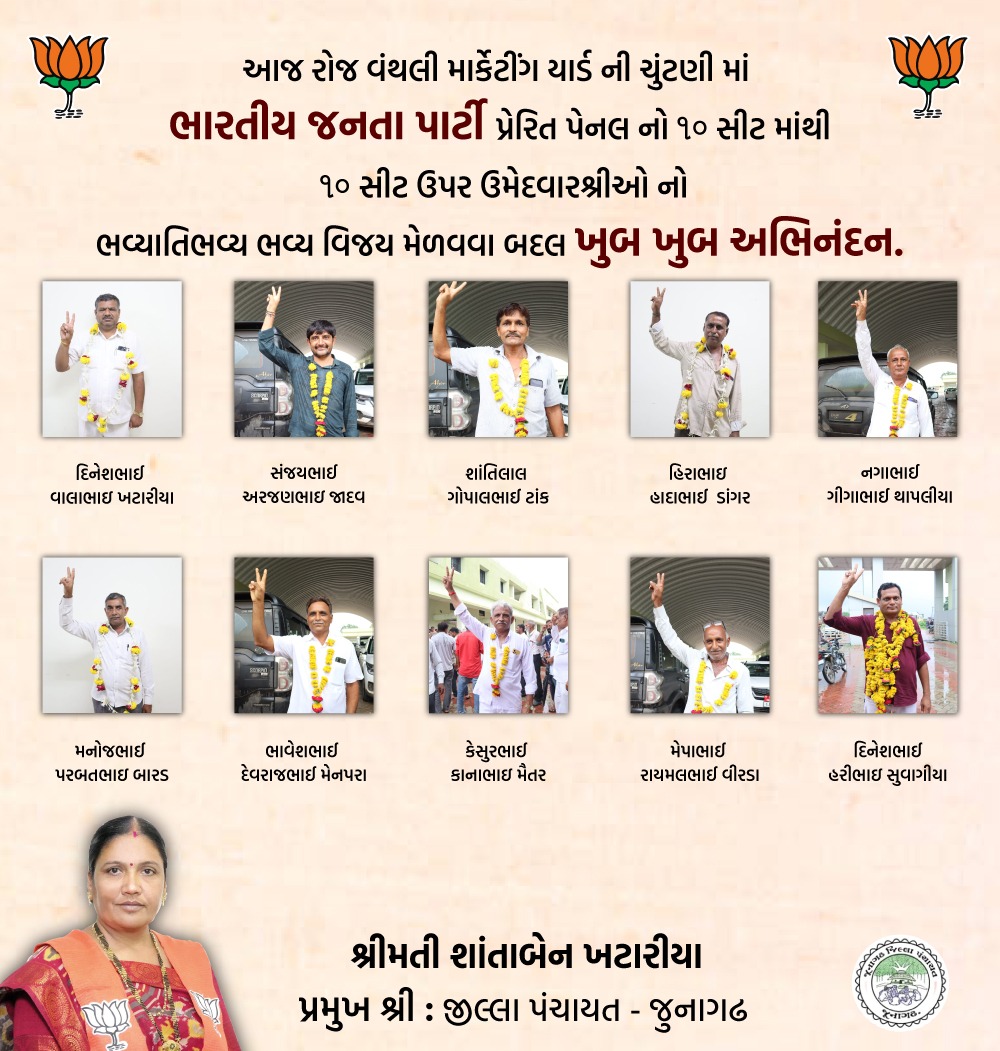 Dineshkhatariy2's tweet photo. આજ રોજ શ્રી વંથલી માર્કેટીંગ યાર્ડ ની ચુંટણી માં ખેડૂત વિભાગ ની ૧૦ બેઠકો માંથી ૧૦ બેઠક પર ભારતીય પાર્ટી પ્રેરિત પેનલ નો ભવ્યાતિભવ્ય ભવ્ય વિજય થવા બદલ સર્વ ઉમેદવારો ને ખુબ ખુબ અભિનંદન સહ ભારતીય જનતા પાર્ટી પર વિશ્વાસ મુકવા બદલ સર્વ મતદાર ભાઈઓ -બહેનો નો ખુબ ખુબ આભાર વ્યક્ત કરું છું https://t.co/kvx3s4U4iN