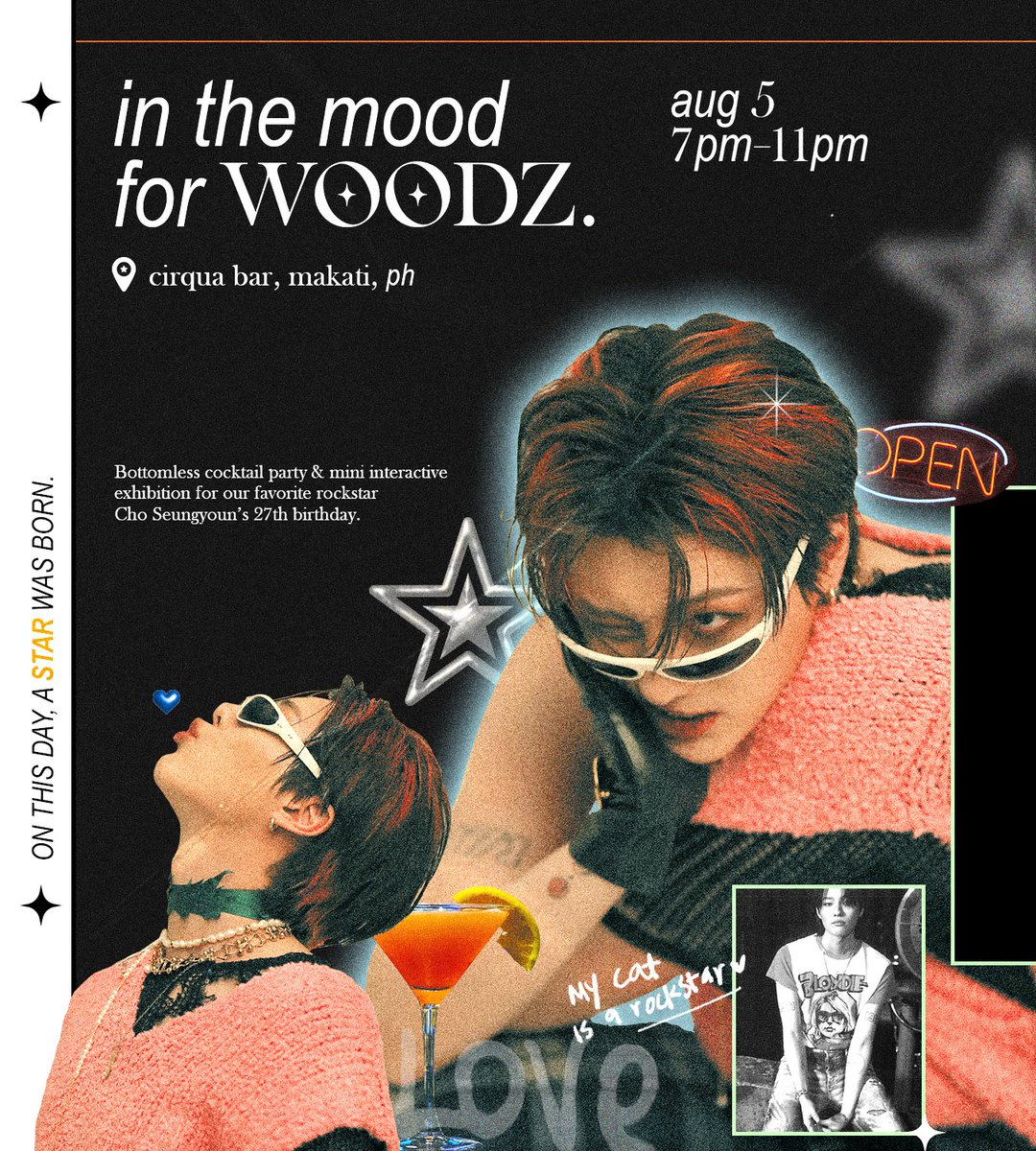 WOODZBDAY_MNL's tweet photo. #inthemoodforWOODZ: a bottomless cocktail party and mini interactive exhibition for Cho Seungyoun's 27th birthday! 🐱🎸

🗓 aug 05, 2023 (sat)
⏰ 7pm-11pm
📍cirqua bar, poblacion, makati city 🇵🇭

LIMITED SLOTS ONLY! ✨
RSVP HERE: https://t.co/4RCM2jzt1Y

#조승연 #WOODZBDAY_MNL https://t.co/dX1lFXjcZD