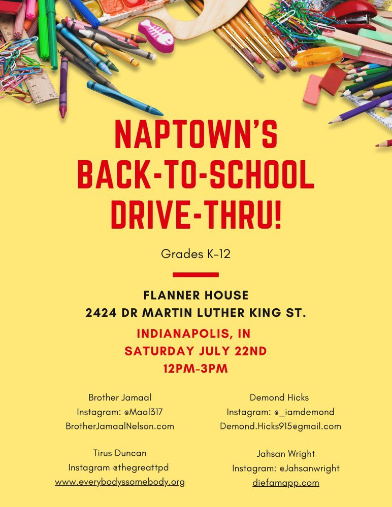 Maal317's tweet photo. Peace! Naptown’s Back-To-School Drive-Thru event will provide basic schools and materials for our cities youth grades K-12! The event will go on while supplies last! 🫱🏿‍🫲🏾 https://t.co/prQgo7jxRh