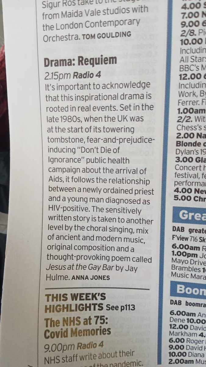 HazKnights's tweet photo. Write up of Requiem in @RadioTimes today. @BBCRadio4 Tuesday at 2:15pm. 

Choral arrangements of music by @eltonofficial @RevRichardColes @JimmySomerville and beautiful poem by @JayHulmePoet - starring @Jonathan_Case_ @RosaHes1 @OBammodu and @NadiaAlbina #debutplay @NakedProds https://t.co/PAt25lOqWi