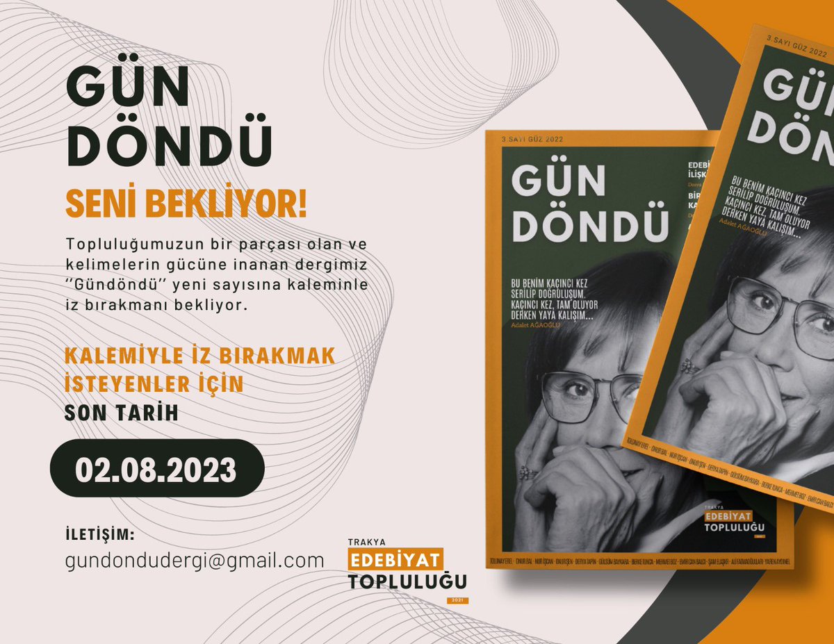 Merhaba arkadaşlar, yeni sayımızda kalemiyle iz bırakmak isteyenleri bekliyoruz! 

gundondudergi@gmail.com mail hesabına yazılarınızı gönderebilirsiniz. 

Son tarih: 02.08.2023
 
Sağlıkla ve sevgiyle kalın🌻✨