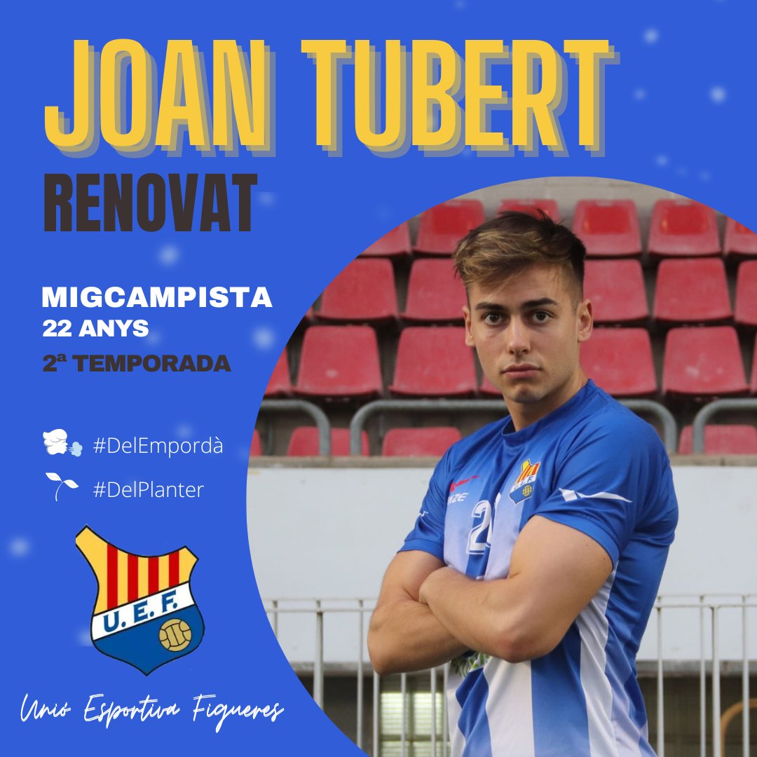 UEFigueres's tweet photo. 🔄Joan Tubert @tuubii6, el migcentre renova amb la Unió.
🛠️Amb 22 anys, el gran dels germans “Tubi”, format al planter de la Unió, complirà la 2a temporada al 1r equip. En la darrera temporada ha participat en 20 partits, realitzant un bon tram final de la temporada.
Som-hi Tubi! https://t.co/XqZ8FDkUbQ