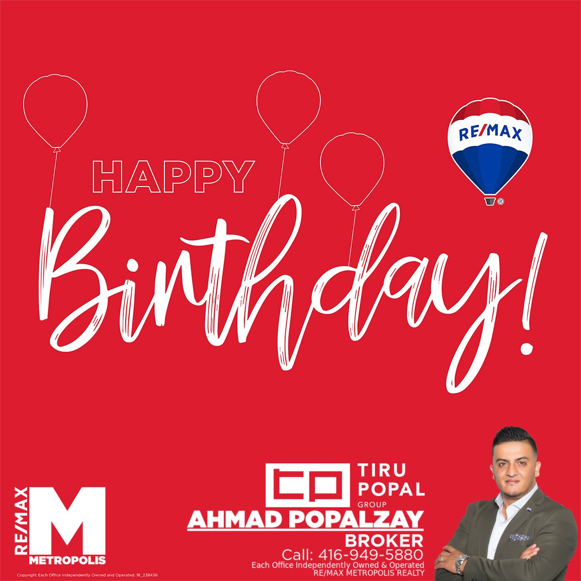 MetropolisREMAX's tweet photo. Happy Birthday Ahmad Siyar Popalzay! Wishing you the very best always and in all ways from your Family at RE/MAX Metropolis Realty!🎈🎂 https://t.co/2dVzmU4Q5g