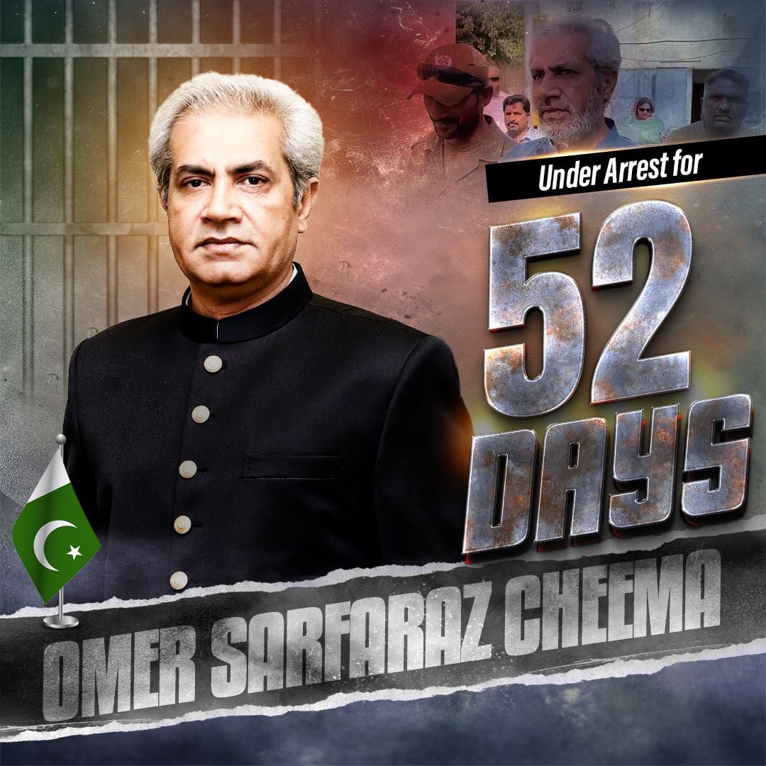 PTIofficial's tweet photo. Former Governor Punjab Omar Sarfaraz Cheema has been kept in filthy conditions in Punjab’s jails for the last 52 days. 
His wife, Rabia Sultan, was also illegally arrested & charged with terrorism few days ago, when she went to see her husband in prison.

Fascism in Pakistan must end.
