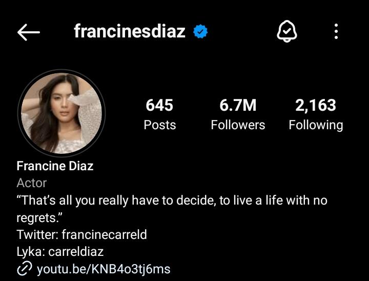amiayuh's tweet photo. happy 6.7 million followers on ig, luv! 🤎 

#FrancineDiaz | @francinecarreld https://t.co/ZB3U2BrWa0