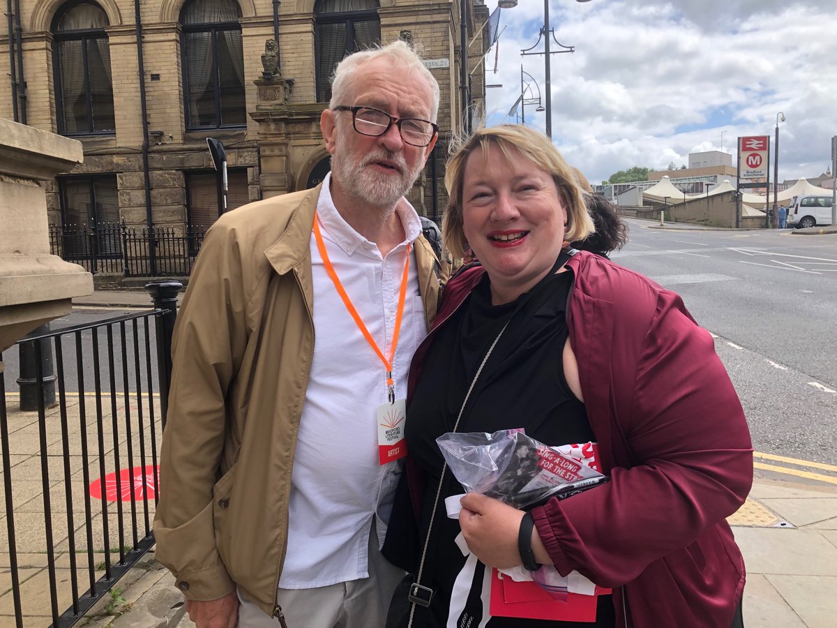 Met up with <a href="/jeremycorbyn/">Jeremy Corbyn</a>  before <a href="/BradfordLitFest/">Bradford Literature Festival</a> to get goodies signed to auction for Leeds TUC strike fund. 
Jeremy said “If there was any justice in the world this woman would be an MP” I said “If there was any justice in the world you’d be our Prime Minister!” #forthemany