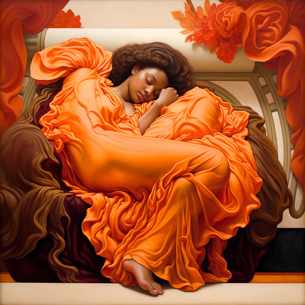 edwinvazquez's tweet photo. Otra versión de Flaming June, originada con #midjourney https://t.co/e0IRhPu7KE