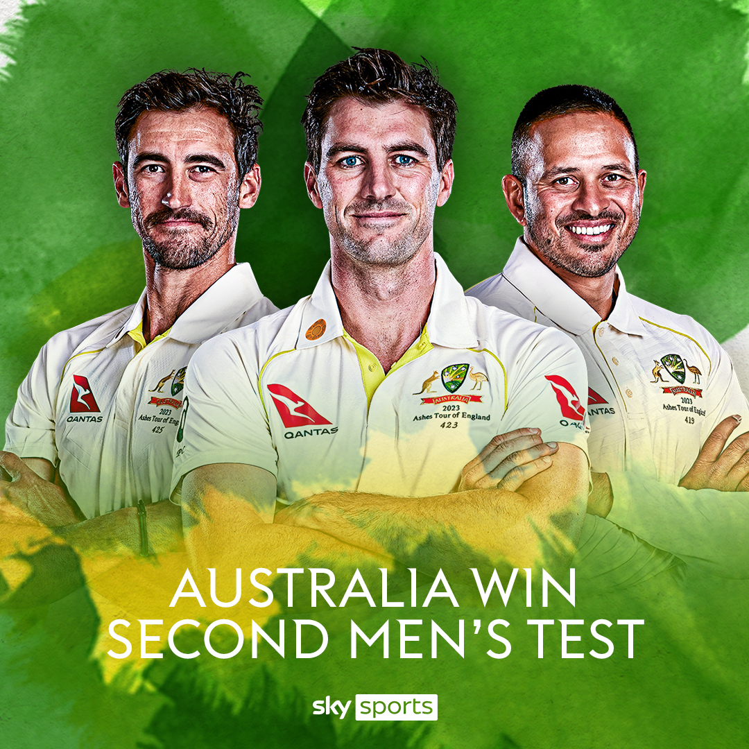SkyCricket's tweet photo. BREAKING: Australia win the second Test at Lord's and lead the 2023 Ashes series 2-0! 🏏🇦🇺 https://t.co/6JWTuMbcpE