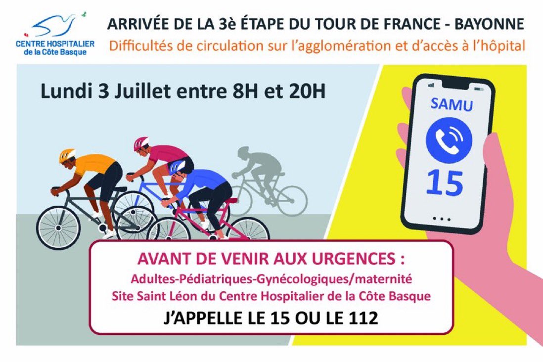 SylvieDURRUTY's tweet image. Pays Basque #Hôpital #accès 3 juillet
Le @CHCoteBasque situé très près de l'arrivée de la 3ème étape du Tour de France à Bayonne change son organisation du fait d'une restriction de  ses modalités d'accès en particulier aux #urgences
ch-cote-basque.fr/actualites-du-…