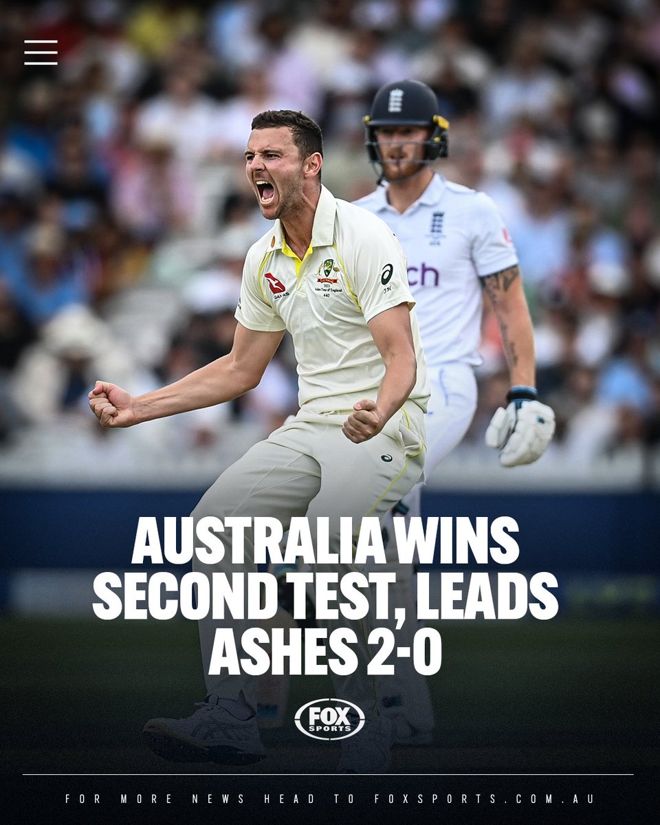 FoxCricket's tweet photo. AUSSIES WIN!

The Australians have taken a 2-0 lead in the Ashes after a dramatic, emotional day at Lord's.

MORE 👉 https://t.co/gGQ6GaSgmI

#Ashes https://t.co/p8VzdwUCdG