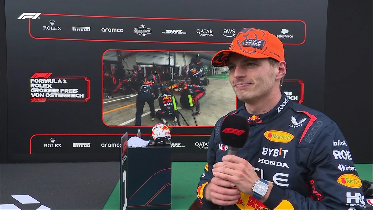 F1's tweet photo. MAX: "Great day, I enjoyed it a lot. I'm just enjoying the moment driving the car and working with the team" 

#AustrianGP #F1 https://t.co/e8MHFIERgo