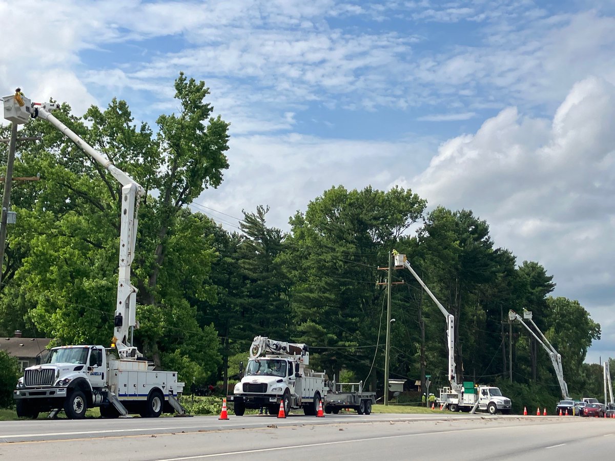 DukeEnergy's tweet photo. Repair crews continue to work across Indiana where severe weather and storms damaged the electric grid. 

Crews have replaced over 110 miles of downed power lines, replaced more than 160 broken poles, and have cleared 350+ fallen trees statewide. Photos from Vigo County, Ind. https://t.co/vPk6u0jIwX