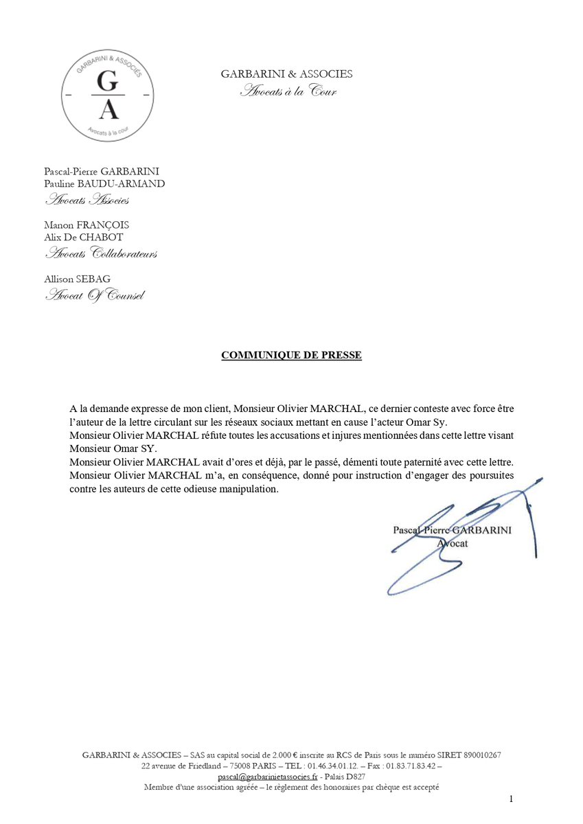 Les fake news se multiplient autour des violences urbaines en France. Dernière en date : le "tacle" du réalisateur Olivier Marchal sur l'acteur <a href="/OmarSy/">Omar Sy</a>.
Les avocats d'Olivier Marchal, Mes <a href="/BauduArmand/">Pauline Baudu-Armand</a> et <a href="/GarbariniPascal/">Pascal Garbarini</a>, remettent les pendules à l'heure via un communiqué :