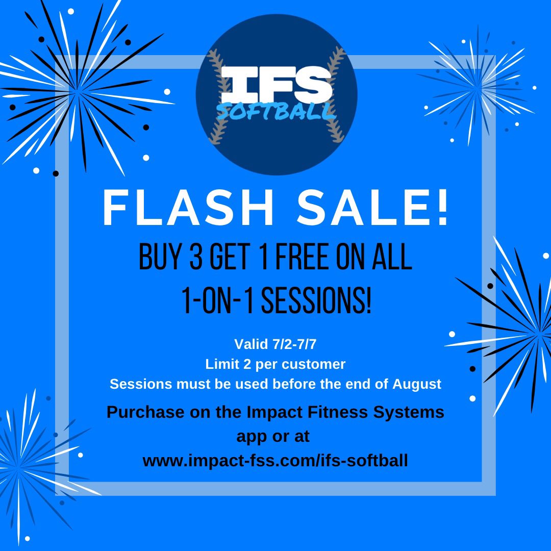 impact_fss's tweet photo. We love a flash sale! Now thru Friday take advantage of  our Buy 3 Get 1 Free Sale on all 1-on-1 sessions. Purchase on our app or online!
#teamIFS https://t.co/pzpmUvPrpG