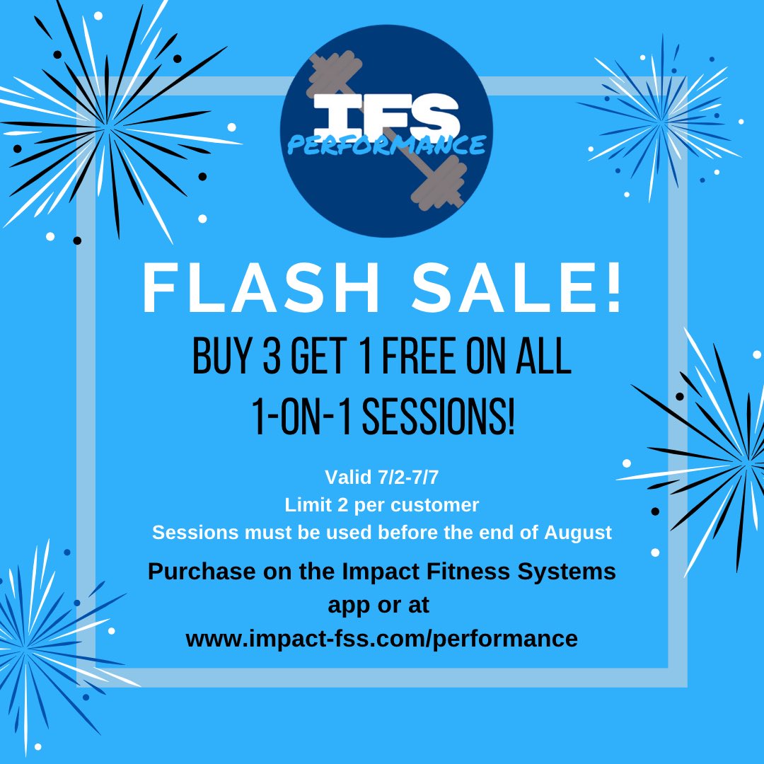 impact_fss's tweet photo. We love a flash sale! Now thru Friday take advantage of  our Buy 3 Get 1 Free Sale on all 1-on-1 sessions. Purchase on our app or online!
#teamIFS https://t.co/pzpmUvPrpG