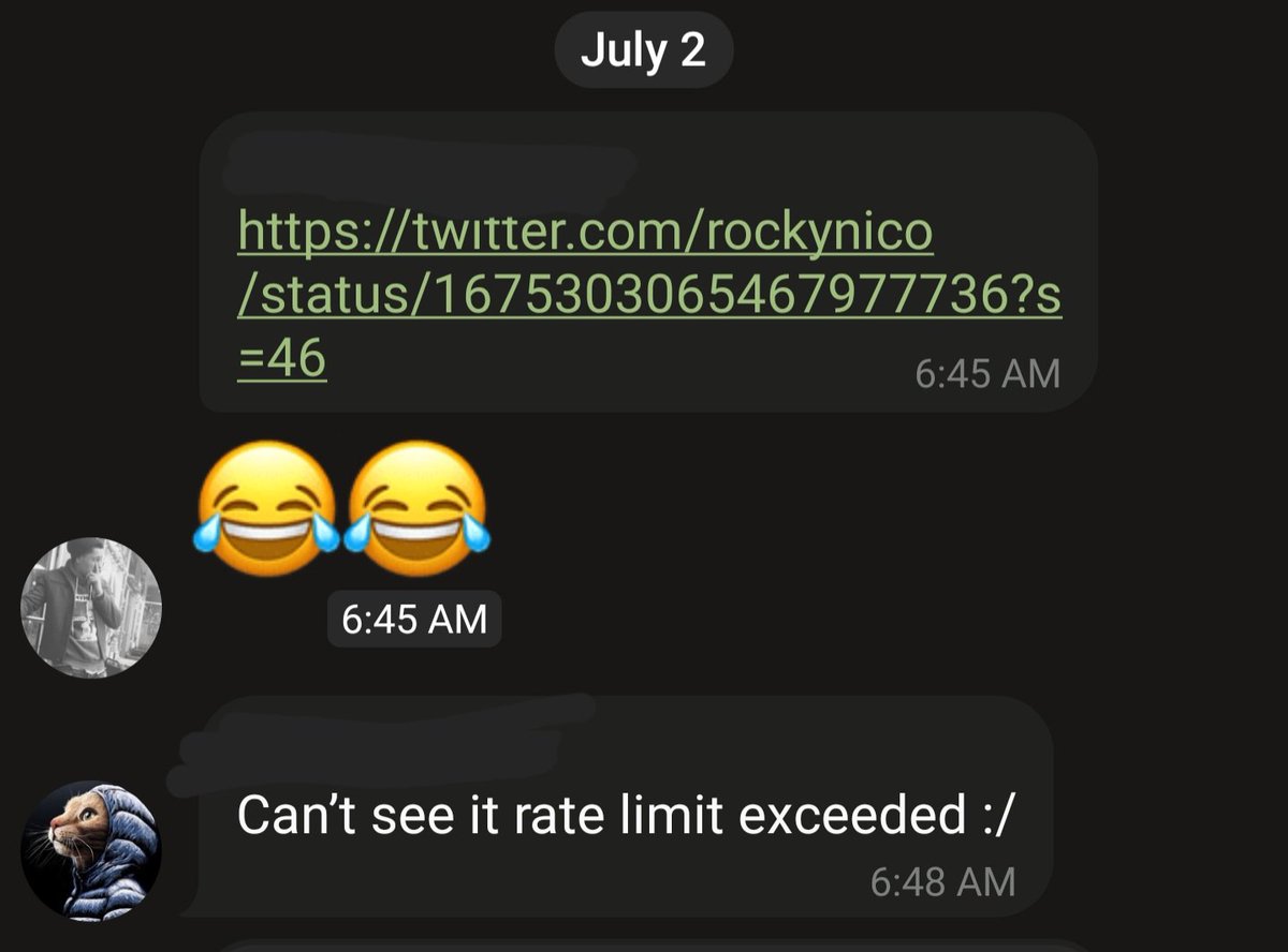 Mostaza41's tweet photo. The rate limit has decimated memes in our group chat. Thanks Elon. https://t.co/NQckFbHJ1N