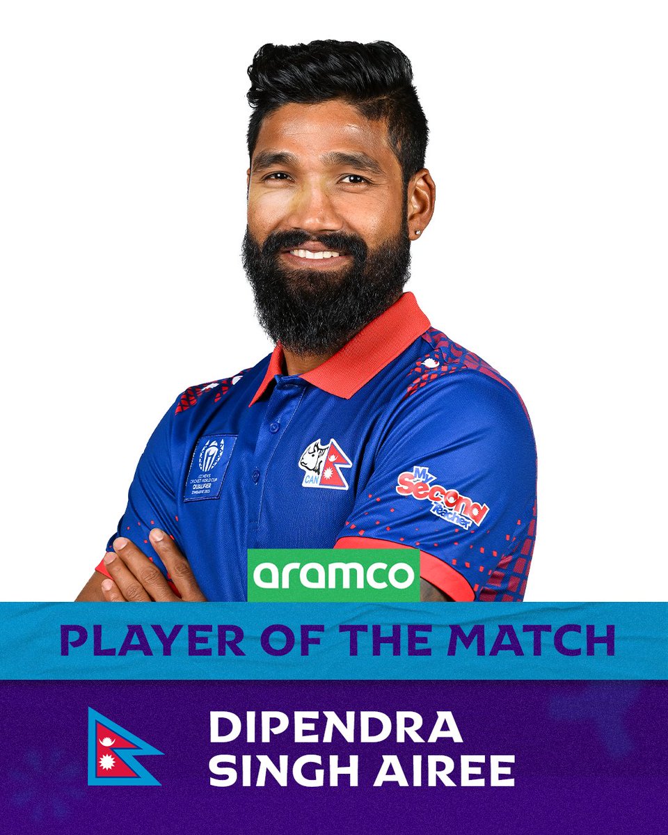 ICC's tweet photo. 79* with the bat 🏏 
1/14 with the ball ☝️ 

Dipendra Singh Airee is the @aramco #POTM from the #CWC23 Qualifier clash between Nepal and UAE 👏 https://t.co/mpWL8EpcaN