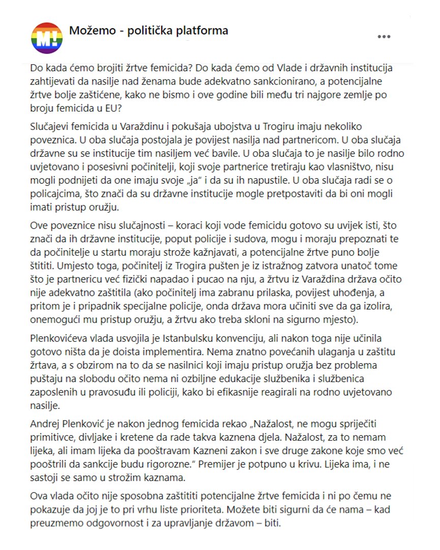 Femicid u Varaždinu i pokušaj ubojstva u Trogiru imaju više poveznica, a to nije slučajnost. Koraci koji vode femicidu gotovo su uvijek isti, što znači da ih sustav može i mora prepoznati. 

Ova vlada očito nije sposobna uspostaviti sustav koji bi to činio i doista zaštitio žrtve