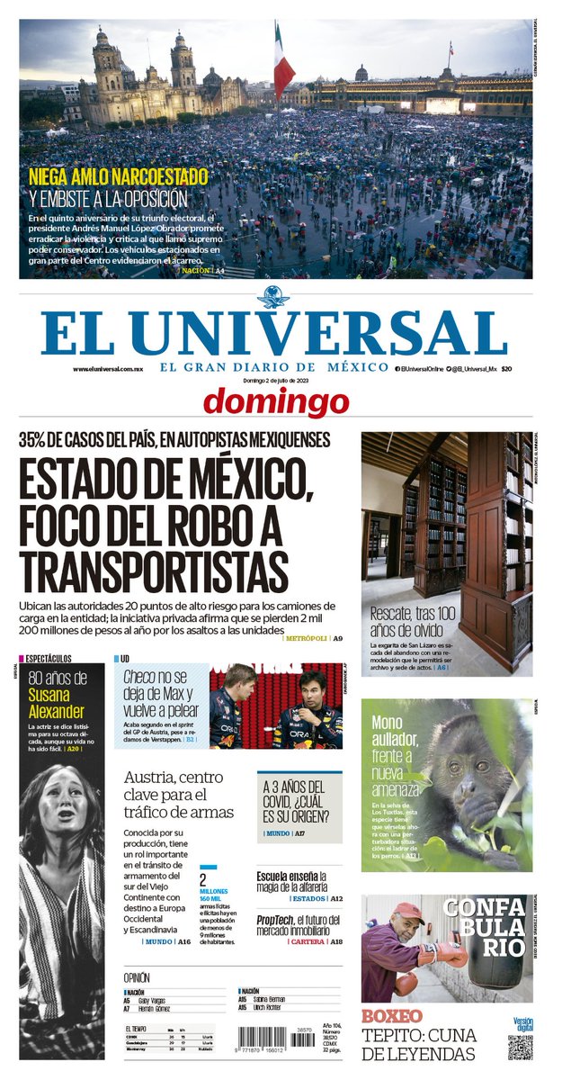 hiloinformativo's tweet photo. #Portadas #Julio2🇲🇽
🧵El Universal:Estado de México, foco del robo a transportistas
🧶Reforma:Se duplica población sin seguridad social
🧵El Heraldo:'Nada ni  nadie podrá detenernos'
🧶La Jornada:Funciona la alianza con el pueblo: AMLO
#FelizDomingo https://t.co/BCy1MitGHa
