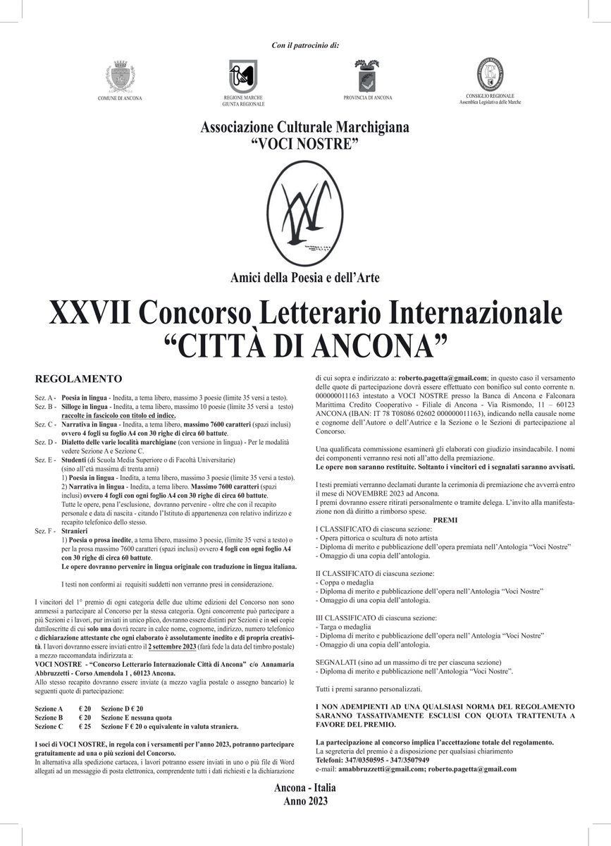 Progettarbeato's tweet photo. Dopo la pausa causata dalla pandemia, riprende l'attività di VOCI NOSTRE con una nuova edizione del Concorso Letterario Internazionale, aperto alla partecipazione di autori italiani e stranieri. Le opere dovranno essere inviate entro il 2 SETTEMBRE 2023. https://t.co/g8WY60n9a8