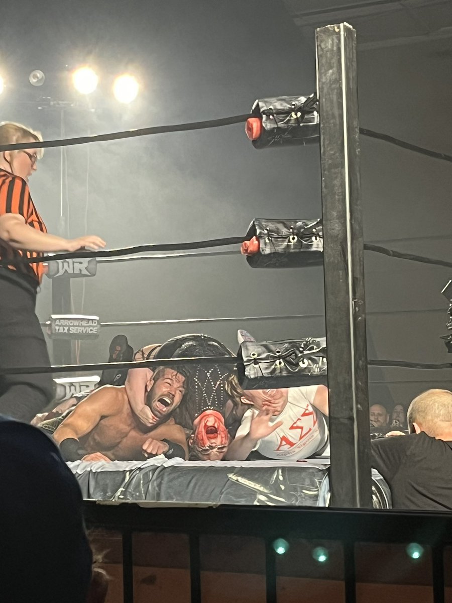 ShayHyde's tweet photo. Thank god for @PWMonsterHunter putting together a dream team to rid the ring of this trash! Plus we got a YMCA dance party and an appearance from Tent!  #CageOfHorrors https://t.co/kZGD6Aow9y