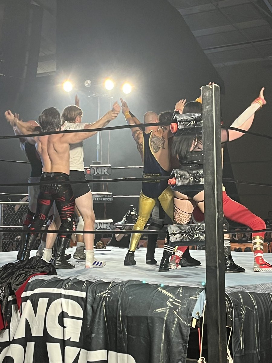 ShayHyde's tweet photo. Thank god for @PWMonsterHunter putting together a dream team to rid the ring of this trash! Plus we got a YMCA dance party and an appearance from Tent!  #CageOfHorrors https://t.co/kZGD6Aow9y