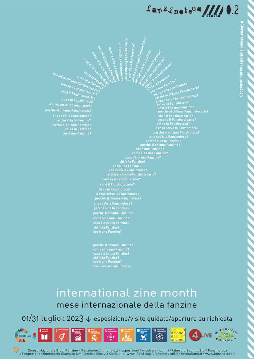 #Fanzinoteca d'Italia 0.2 - Centro Nazionale Studi #Fanzine 
'International Zine Month' 01/31 Luglio eventi e momenti #Fanzinotecari 
#InternationalZineMonth2023 #Umiliacchi #Fanzines #Fanze #Zines 
Sede: Via Curiel, 51 - 47121 #Forlì FC #Italy 
fanzinoteca@fanzineitaliane.it